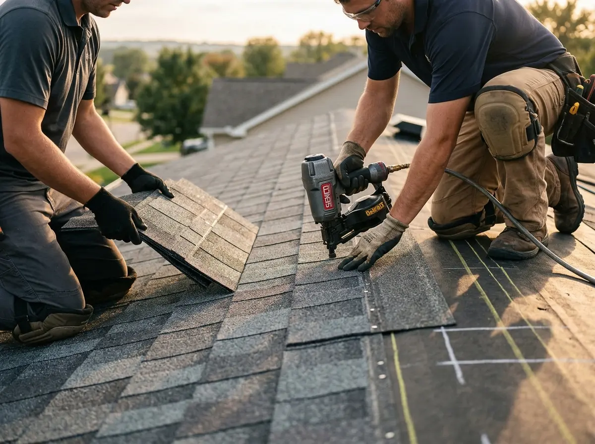 Professional roofer working on a residential roof in Talent